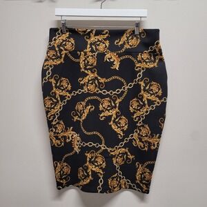 Thalia Sodi Womens XL Black Gold Baroque Chain Print Stretch Pencil Skirt Knee